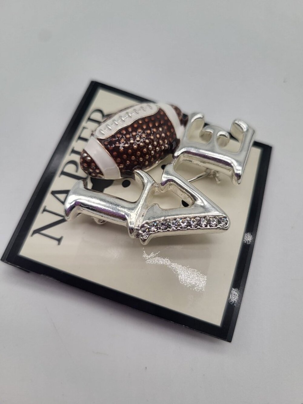 NAPIER LOVE FOOTBALL Silver Tone Rhinestone Pin Brooch - Picture 2 of 4